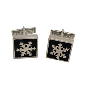 Pat Pend Black Enamel Snowflake Square Cufflinks Silver Tone Vintage